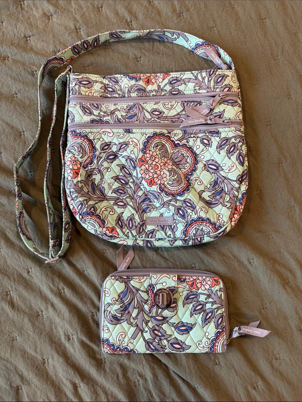 Vera Bradley Light Green Paisley Quilted Crossbody with Matching Wallet